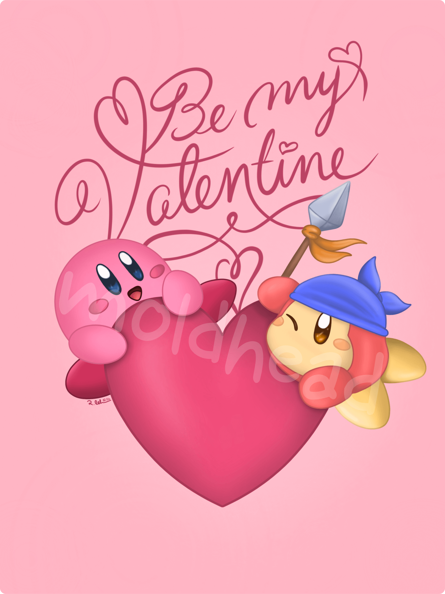 Drawing of Kirby and Waddle Dee clinging to a heart with the message 'Be My Valentine,' highlighting a cute and romantic design.